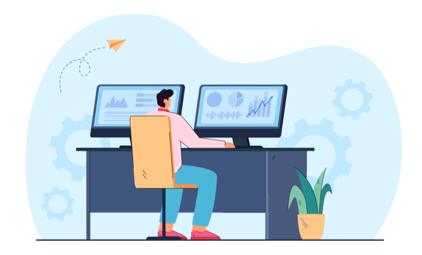 Flat vector illustration of stock trader working on computer